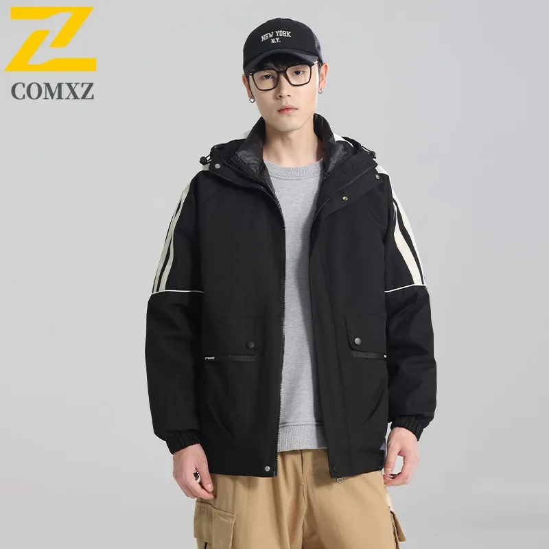 

COMXZ Luxurious Mens Puffer Jacket Splicing Outdoor Camping Windproof Parka High Quality Hooded Walking Lightweight Down Jacket
