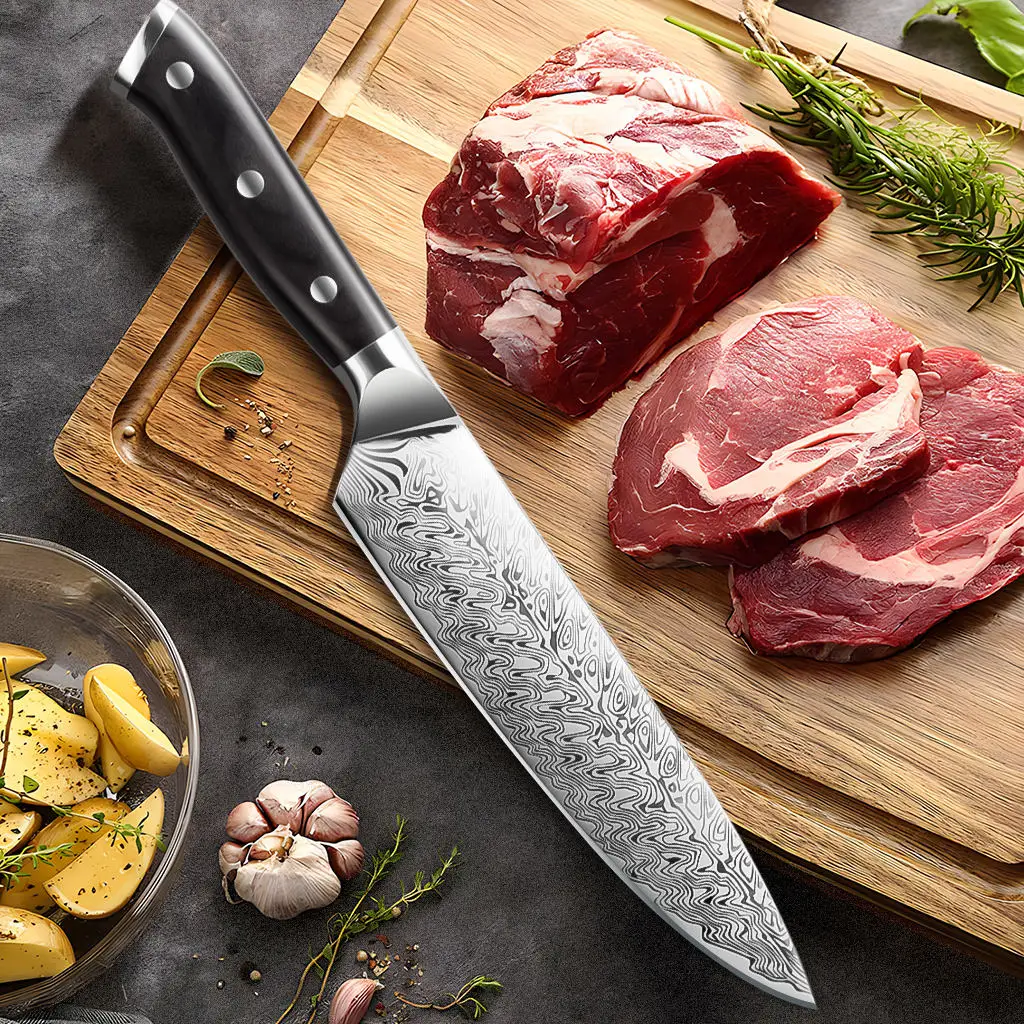 8-inch Chef's Knife With Laser-pattern Blade Is Used For Cutting Meat Vegetables And Other Foods. Stainless Steel Plastic Handle