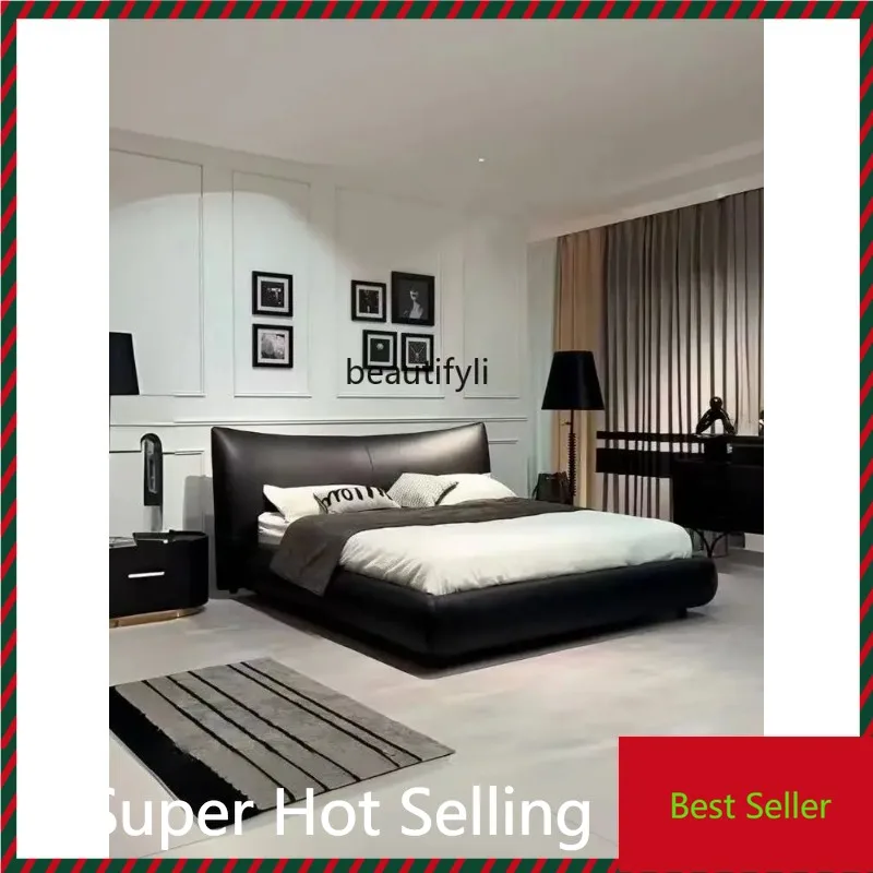 K132 Leather bed simple modern light luxury leather bed high-end atmosphere master bedroom black, wedding bed Italian minimalist