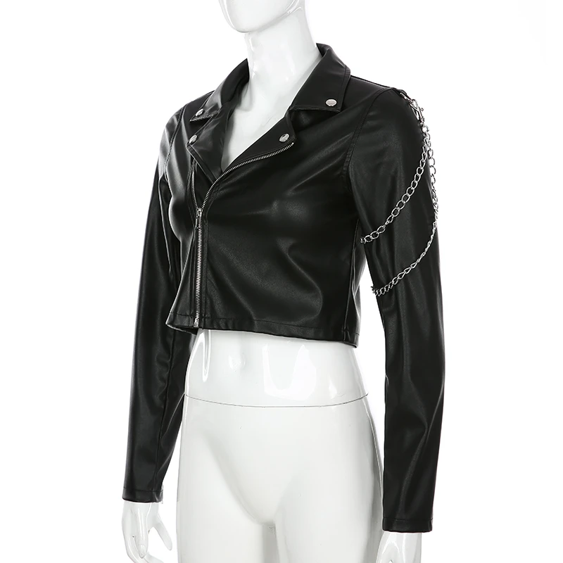 ZURICHOUSE Punk Leather Jacket Women Spring 2024 Streetwear Personality Chain Design Long Sleeve Faux Leather Cropped Jacket