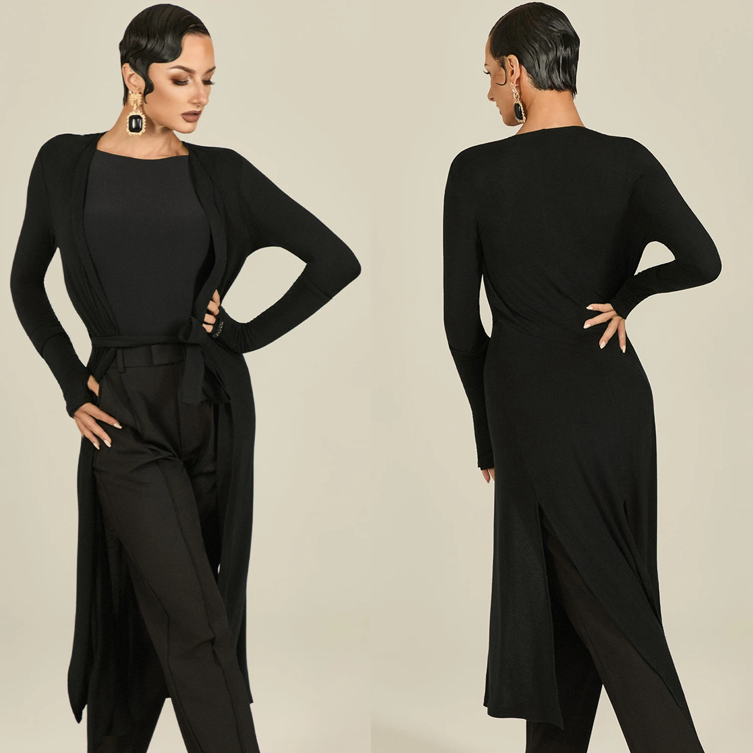 Damska odzież do tańca latynoamerykańskiego, długi płaszcz, długi rękaw, kardigan, strój do ćwiczeń, czarne okrycie wierzchnie, model SS1033