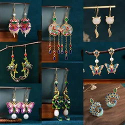 Ethnic Chinese Legendary Animal Shaped Earrings Retro Palace Style Painted Enamel Luxury Jewelry Nine-tailed Fox Phoenix Earring