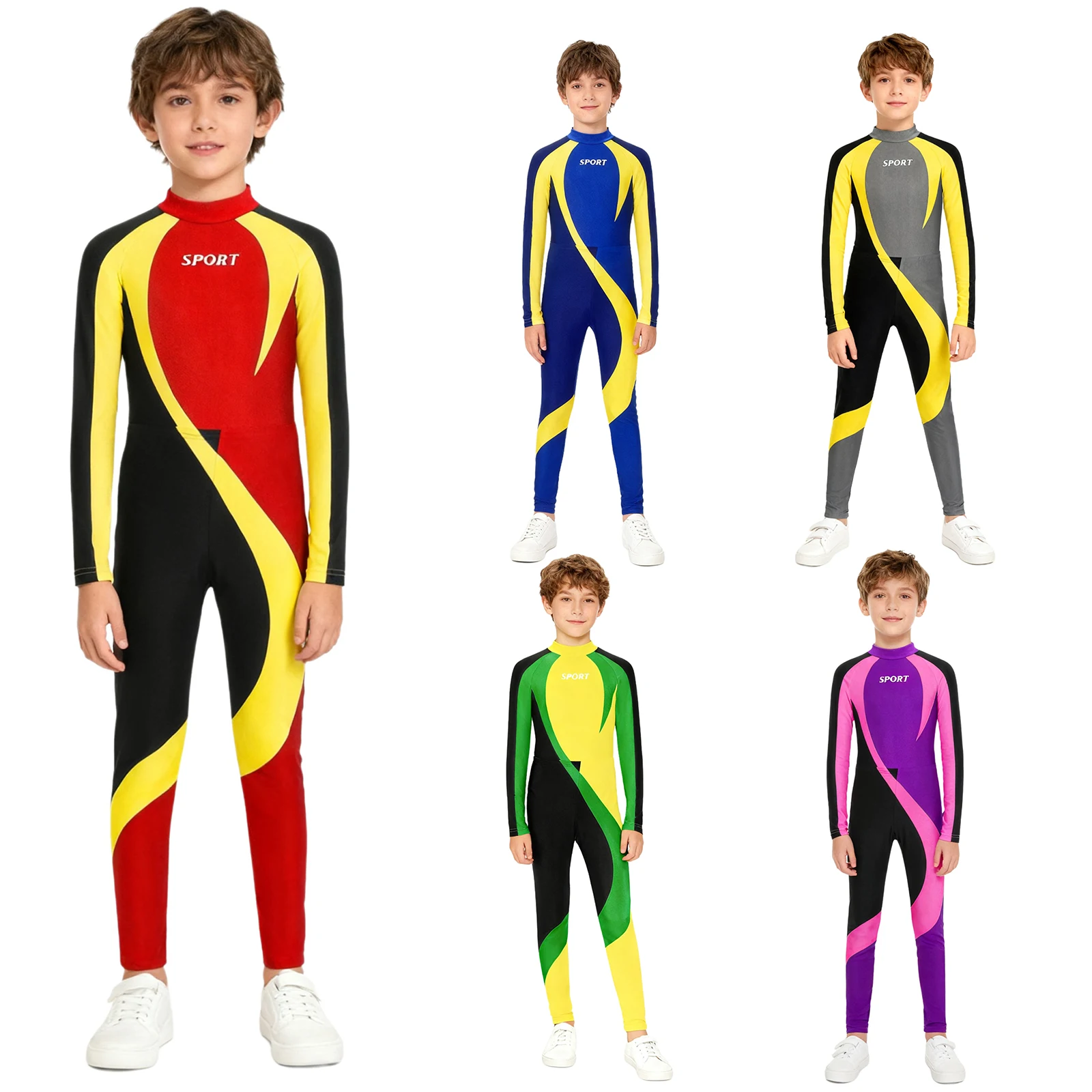 Kids Boys Gymnastics Leotards Long Sleeve Athletic Bodysuit with Leggings for Acrobatics Yoga Workout Sports Swimming Rashguard