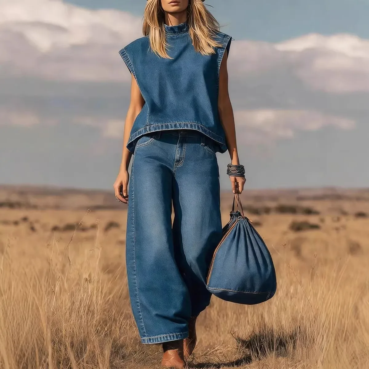 

Women's Casual Denim Two Piece Set Solid Color Sleeveless Loose Top Wide Leg Pants Holiday Streetwear Summer Vintage Chic