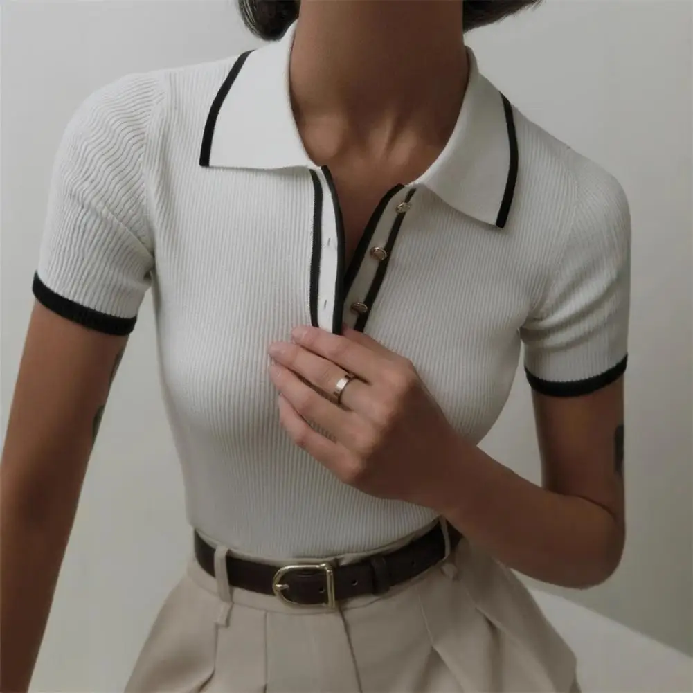 Knit Sweater Pullover Women Short Sleeve Patchwork Slim Lapel Elegant Contrast Knitwear Top Female Skinny Ribbed Pullover