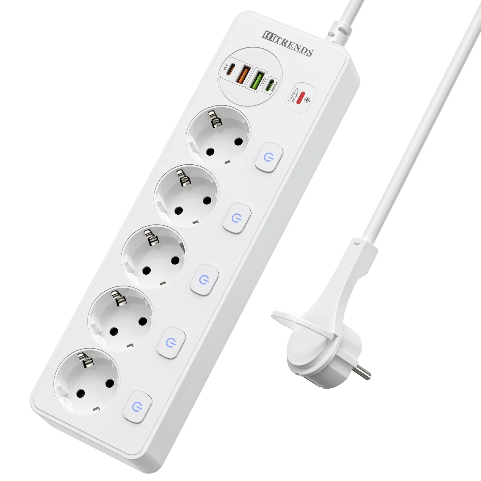 9-in-1 Smart Power Board, with 4 USB Ports (PD20W+QC3.0), 2500W Surge Protector, 2M Cable, Wall-Mounted Expansion Socket
