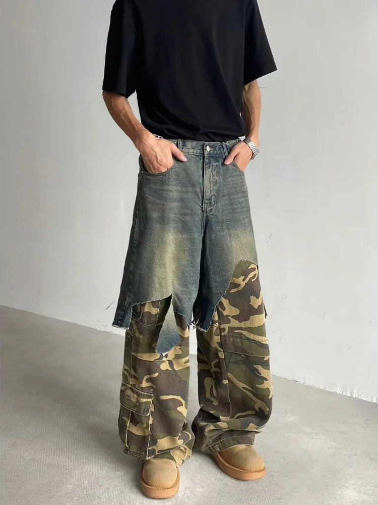 Ropa Y2K Grunge Camouflage Patchwork Baggy Gestapelde Jeans Broek Voor Mannen Kleding Nieuwe Rock Wijde Pijpen Rechte Denim Broek