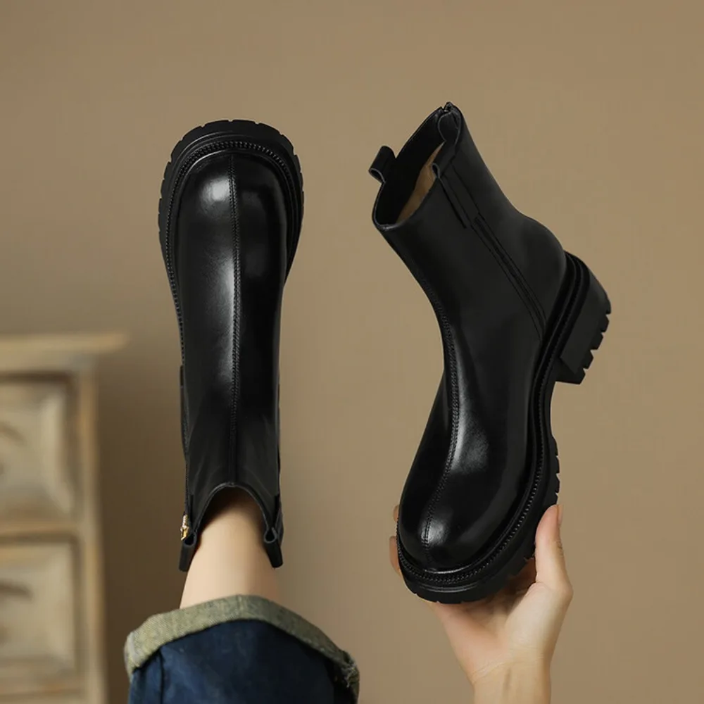 Women Chelsea Boots Ankle Flats Female Stylish Genuine Leather Modern Boots Winter Warm Plush Woman Booties Large Size 34-42