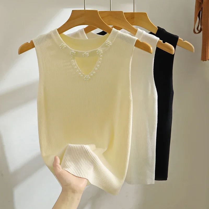 Nail Bead Knitted Top For Women's Spring/summer 2026 New Solid Basic Bottoming Shirt Elegant Hollow Ice Silk Sleeveless Top