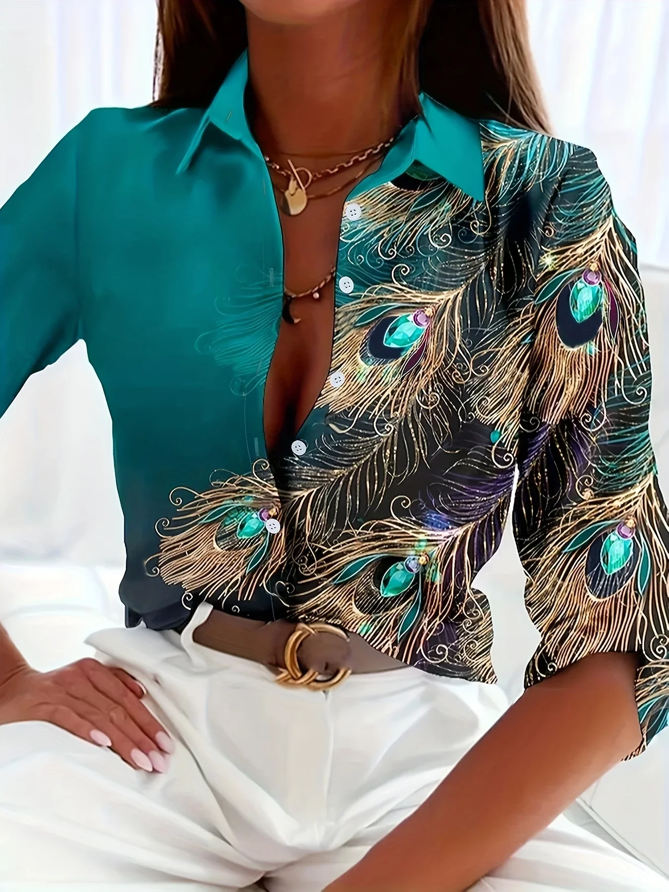 

2024 Peacock Print Casual Loose Women's Shirt Autumn Retro Women's Loose Shirt Fashion Trend Elegant Women's Top