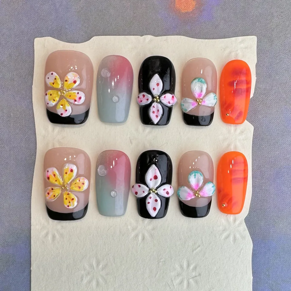 10 Uñas Postizas Hechas a Mano con Flores Verdes 3D, Francesas, Adhesivas 4