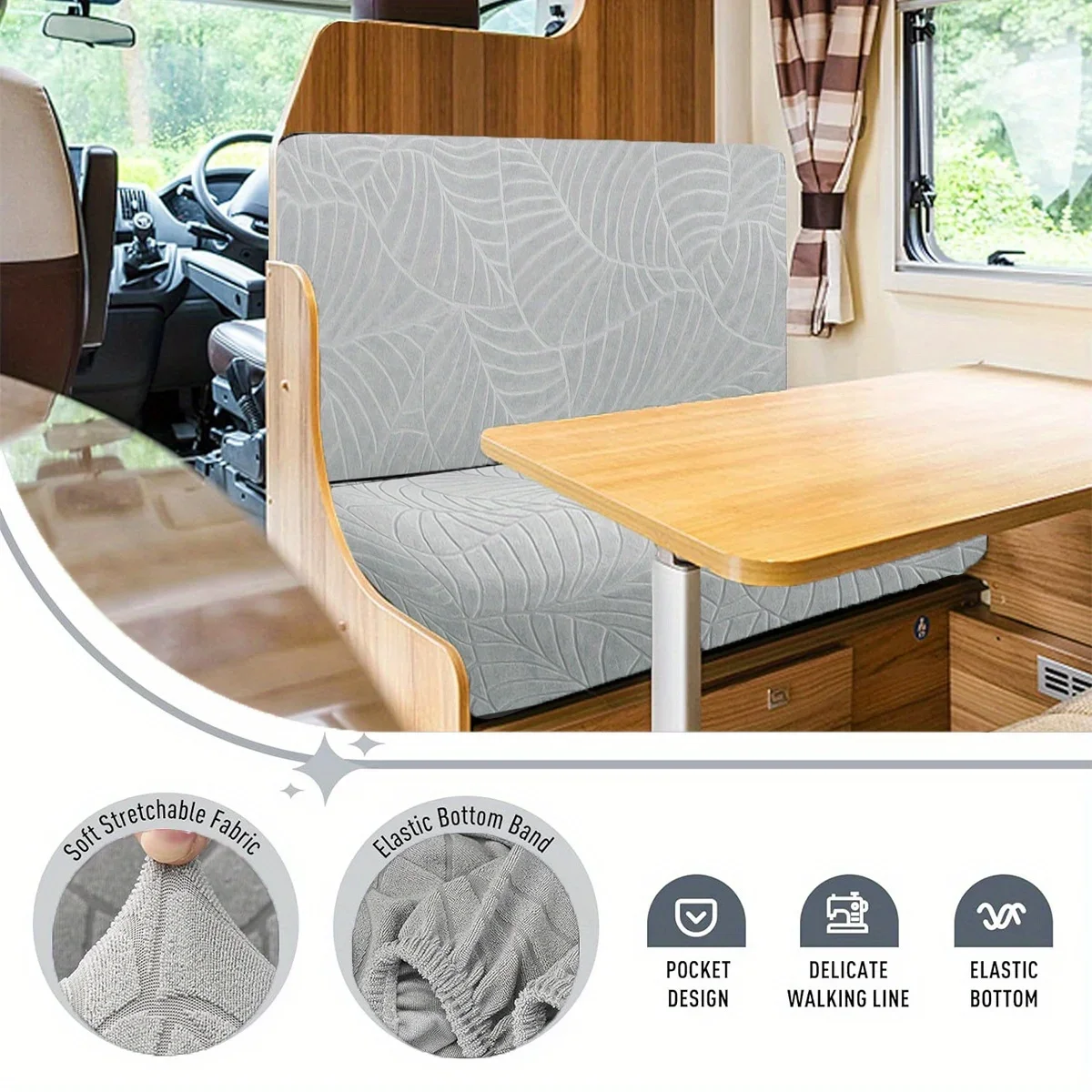 2pcs/Set Water Resistant Leaf Texture Jacquard Stretch RV Dinette Cushions Cover Spandex Soft RV Camper Car Bench Seats Covers