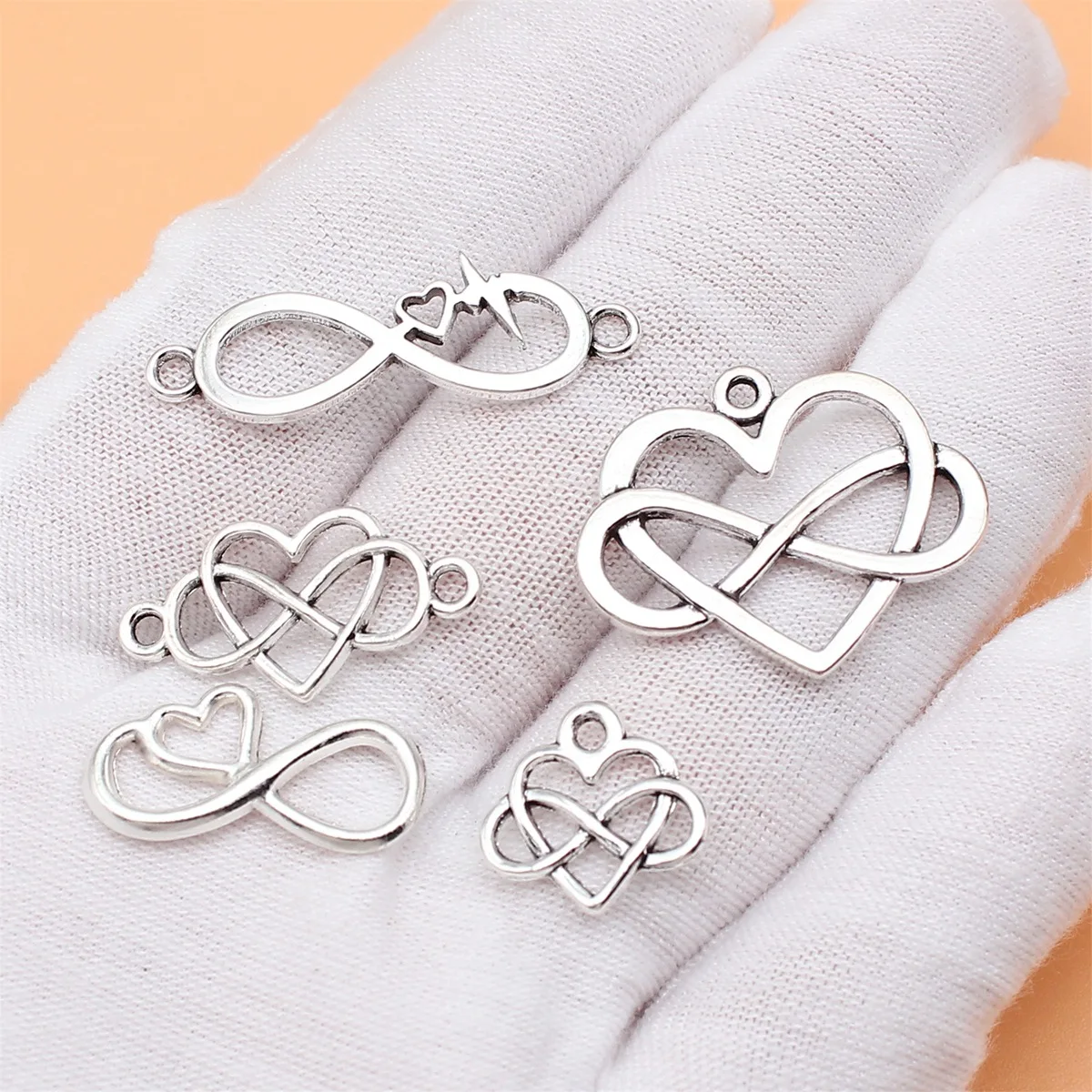 5pcs Antique Silver Color Infinity Symbol Heart Charms Collection For DIY Jewelry Making, 5 Styles, 1 of Each