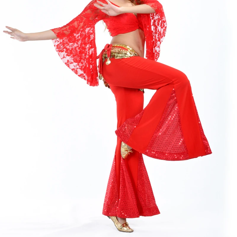 Women Belly Dance Pants Sequin Fishtail Flares Trouser Princess Bollywood Practice Dance Costume Indian Tribal Belly Dance Pants