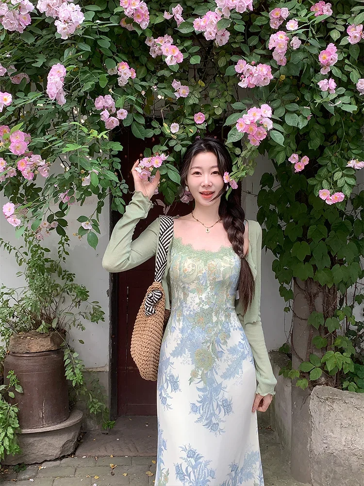 Yao Flower-Conjunto de vestido largo adelgazante para mujer, traje elegante de estilo francés Retro, alta elasticidad, Medio Verano