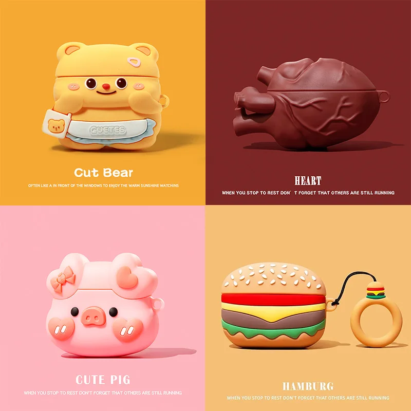 Cute Bear Hamburger Earphone Case for AirPods 4 Cover 2024 Wireless Headphone Silicione Cover for AirPods Pro 2 Charging Box