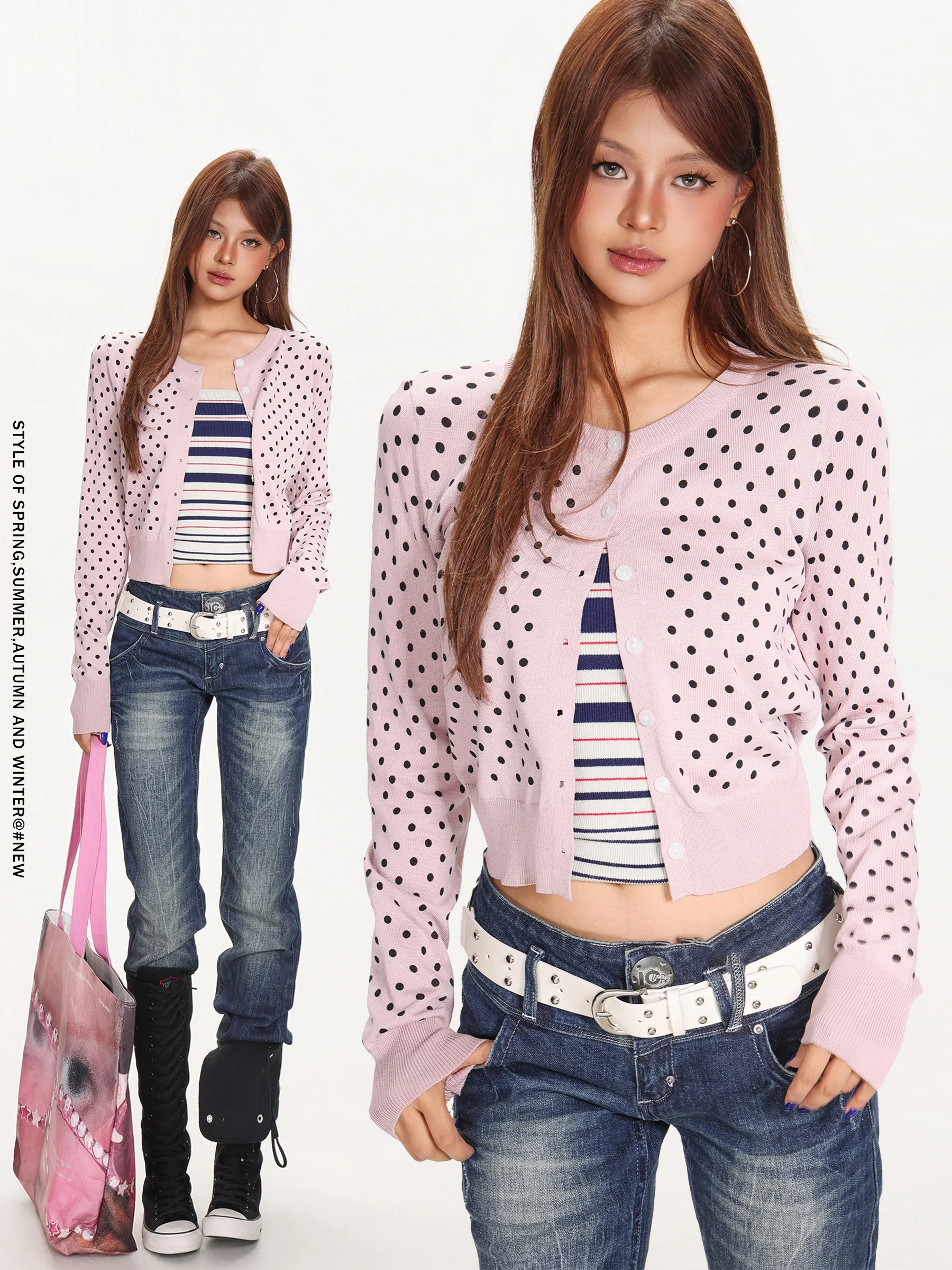 

Женский вязаный кардиган с принтом в горошек, осенне-зимний, с круглым вырезом, приталенный, повседневный, вязаный свитер-пальто