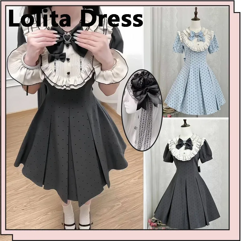 

Japanese Summer Satin Polka Dot Lolita Short Sleeve Dress In Blue Gray-Black Sweet Bow Jirai Kei Lolita Dress
