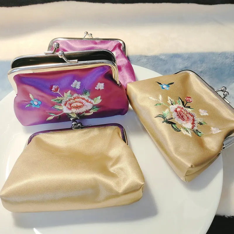 Vintage Style Purple Yellow Kiss Lock Crochet Bag Flower Embroidered Wallets Oriental Aesthetic Coin Purse Accessories