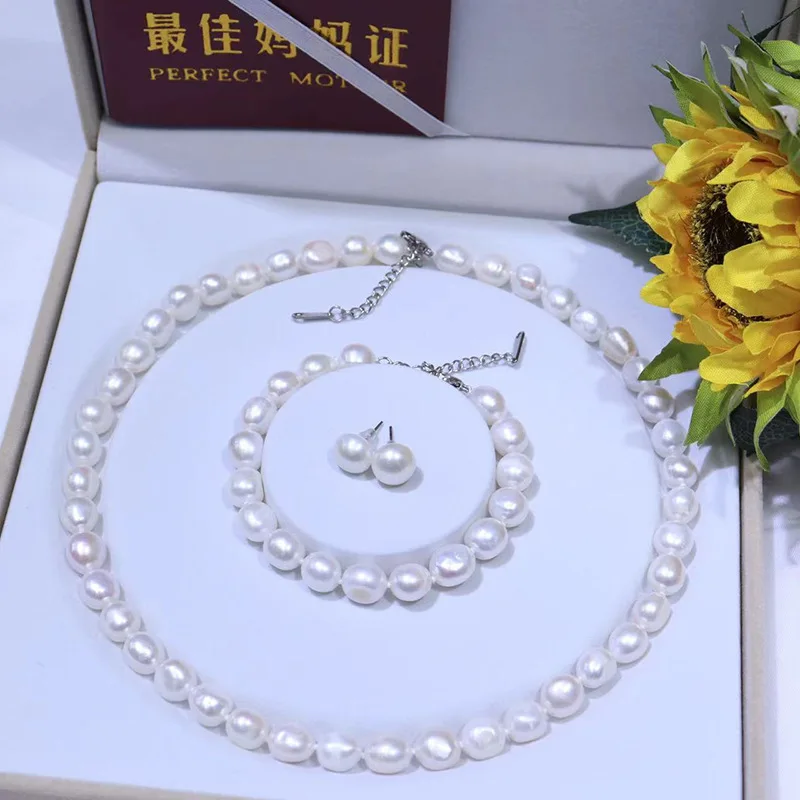 Mother's Day gift natural 5color 7-8mm freshwater pearl necklace bracelet stud earrings 3pcs set chain genuine fashion