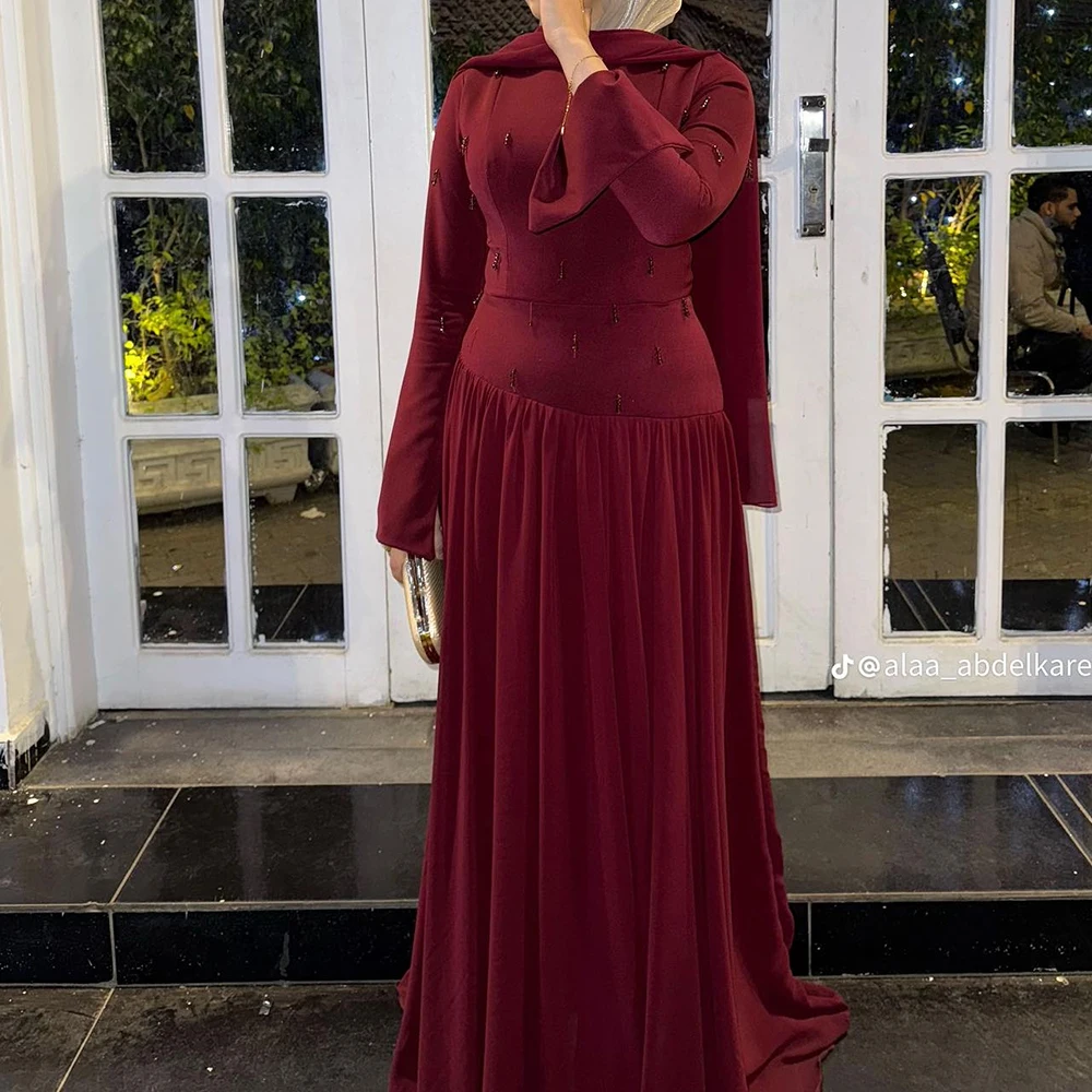 

Customized A-line Evening Dresses Floor-length O-neck Full Sleeve Prom Gown Fashion Sequined Simple Stole Draped Party Gown