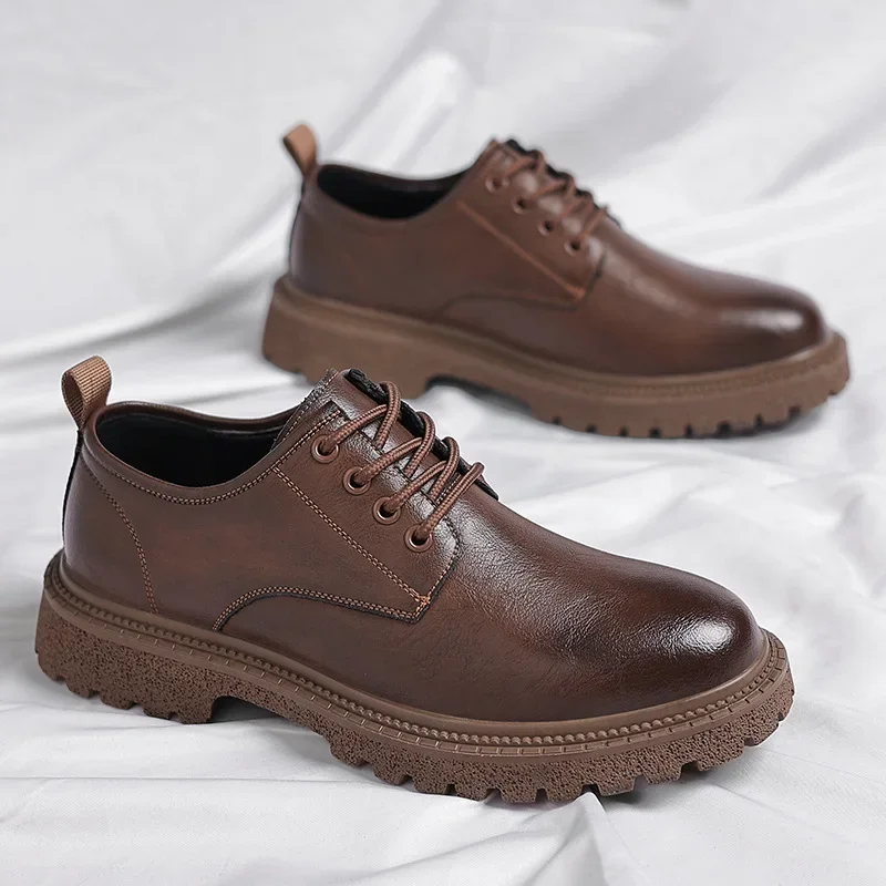 Men\'s Retro Business Casual Leather Shoes Cowhide Platform Big Head Platform Shoes Form Men British Style Low Work Shoe Male