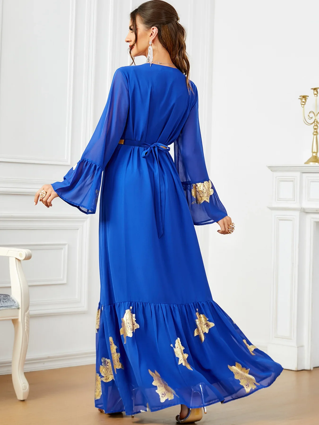 European American and Middle East Premium Muslim Women's Robe Dubai Saudi Arabian Multicolor Gold-Stamped Embroidery Abaya Dress