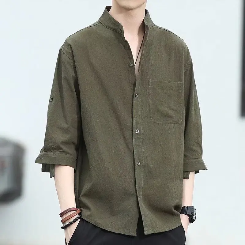 

Mens Summer Cotton Linen Stand Collar Shirt 34 Sleeve Japanese Style Loose Casual Plus Size Korean Fashion Tops
