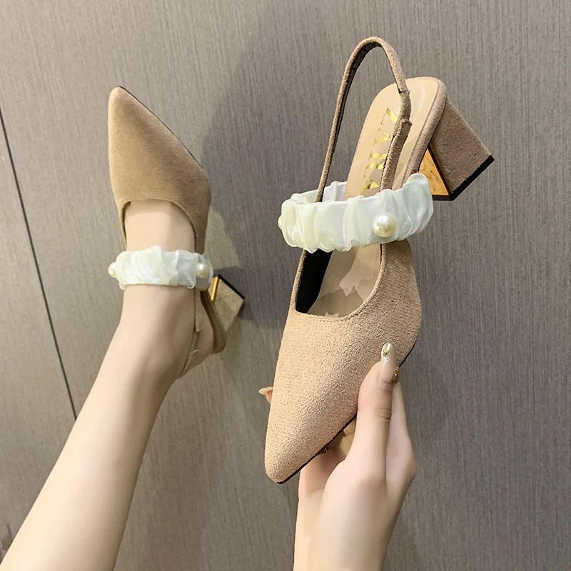 

New Beige Heeled Sandals Women's Velvet Shoes Shallow Mouth Black New Outside Suede Fashion Girls Summer Block Low Comfort