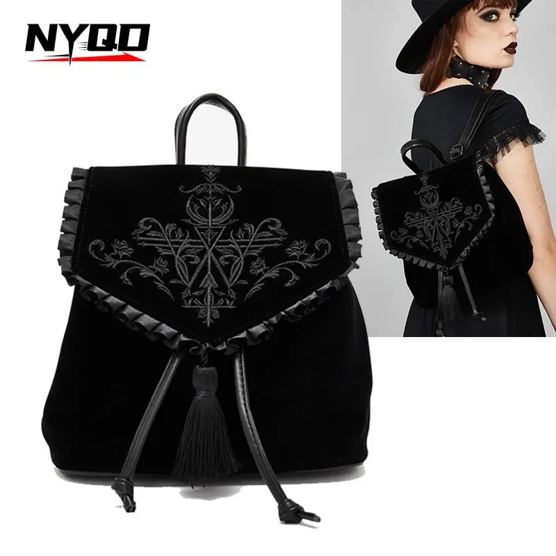 Harajuku Style Embroidery Ladies Backpack Witch Gothic Magic Punk Dark Bag Rock Fashion Womens Backpacks Black Velvet Package