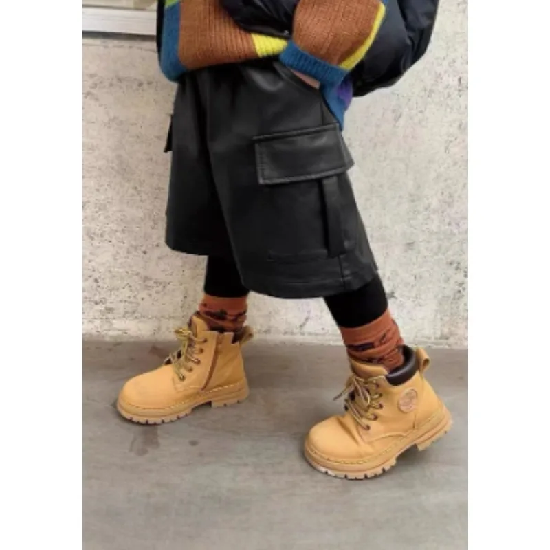 2025 Winter New Korean Children's Soft Sticky and Velvet Leather Pants for Girls, Handsome Motorcycle Side Pocket Work Clothes