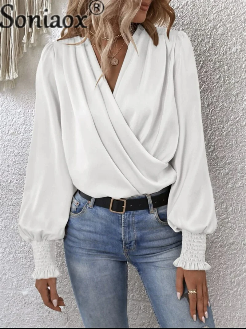 Autumn Pleated Lantern Long Sleeve Blouse Female Elegant Solid Color Crossover V Neck Pullover Shirt Women New Casual Loose Tops