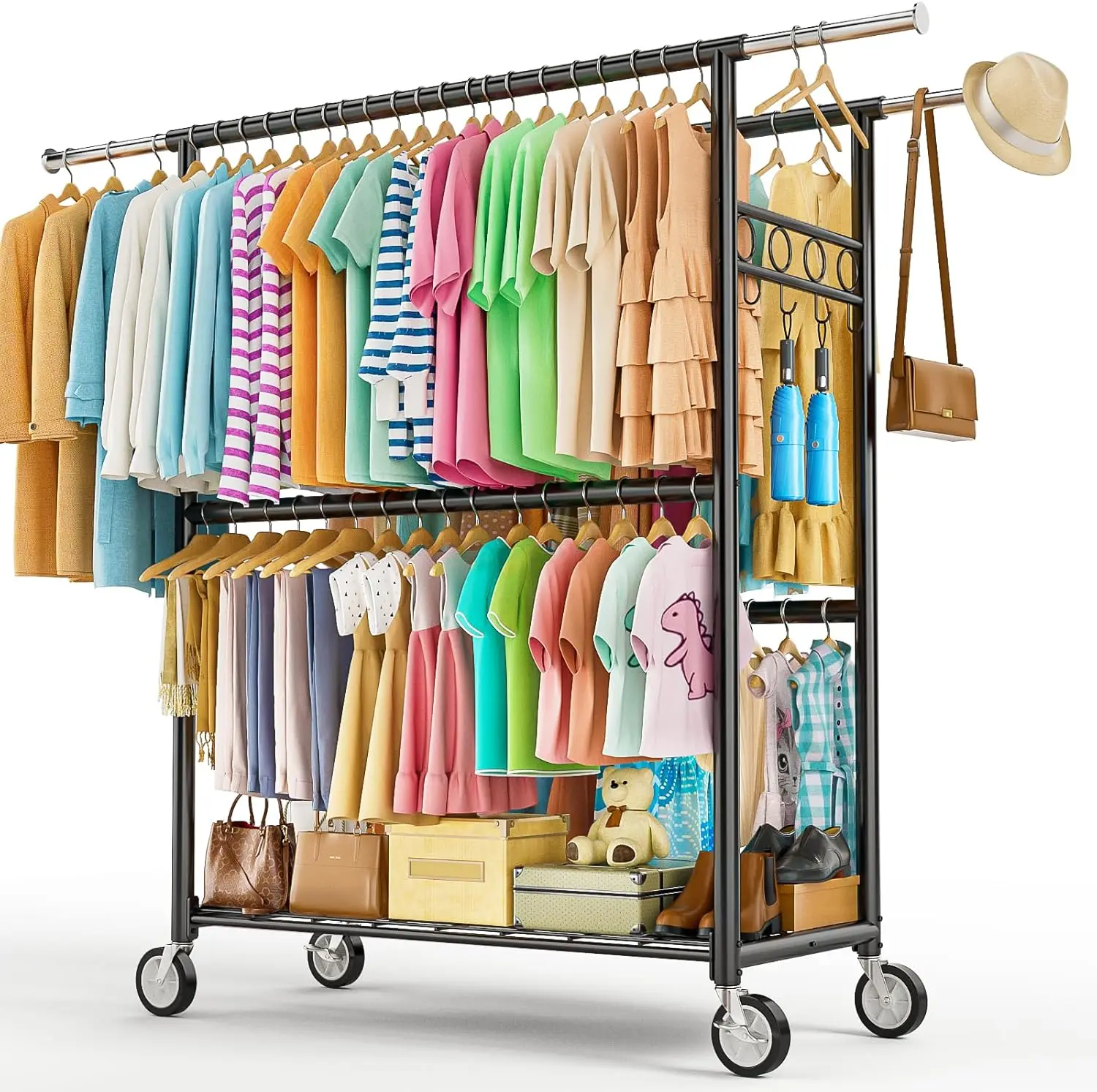 Heavy Duty Clothes Rack Load 1060LBS, Four Rods Rolling Clothing Racks for Hanging Clothes, Rolling Garment Rack With Sturdy