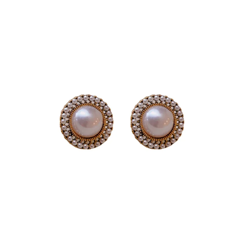 French Retro Temperament Round Geometric Pearl Stud Earrings For Women Fashion Elegant Metal Jewelry Party Gifts