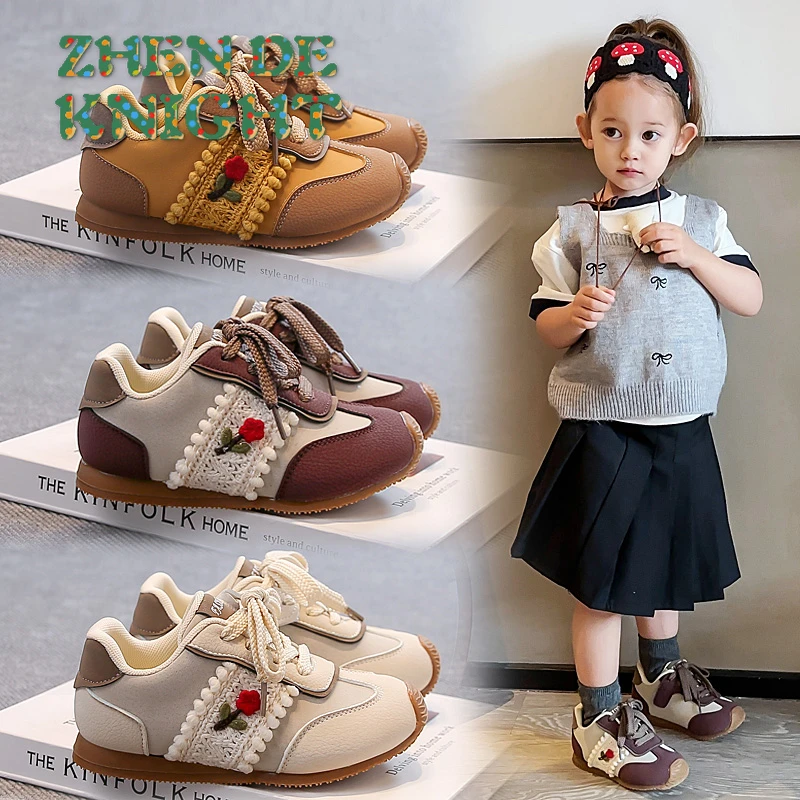 

2025 New Elegant Kids Causal School Shoes Flowers Sweet Girls Princess Tennis Shoes Non-slip Children Running Shoes