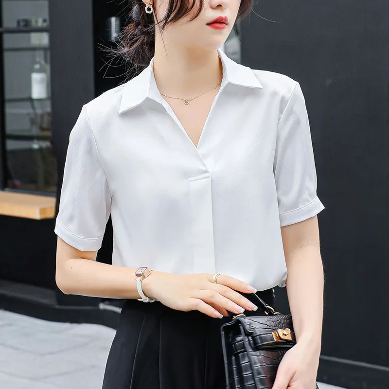 Women Clothing Short Sleeve V-neck Blouse Summer New Solid Loose Commute Fashion Shirts Elegant Casual Tops