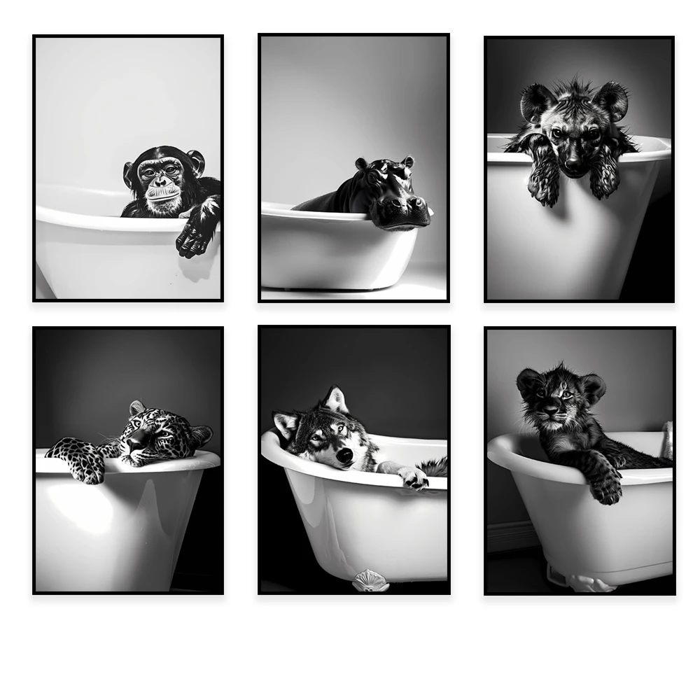 Wolf in bathtub, hyena, bear, tiger, leopard, monkey, hippo, chimpanzee, lion cub art print, funny animals in bathtub poster