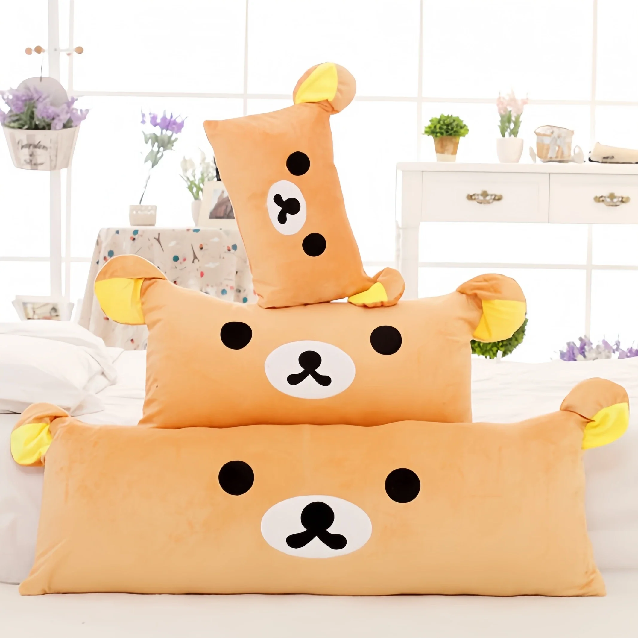 

Cartoon Rilakkuma Plushies Stuffed Anime Long Pillow Japanese Style Sofa Bed Back Cushion Sleeping Pillow Washable Gifts Girl