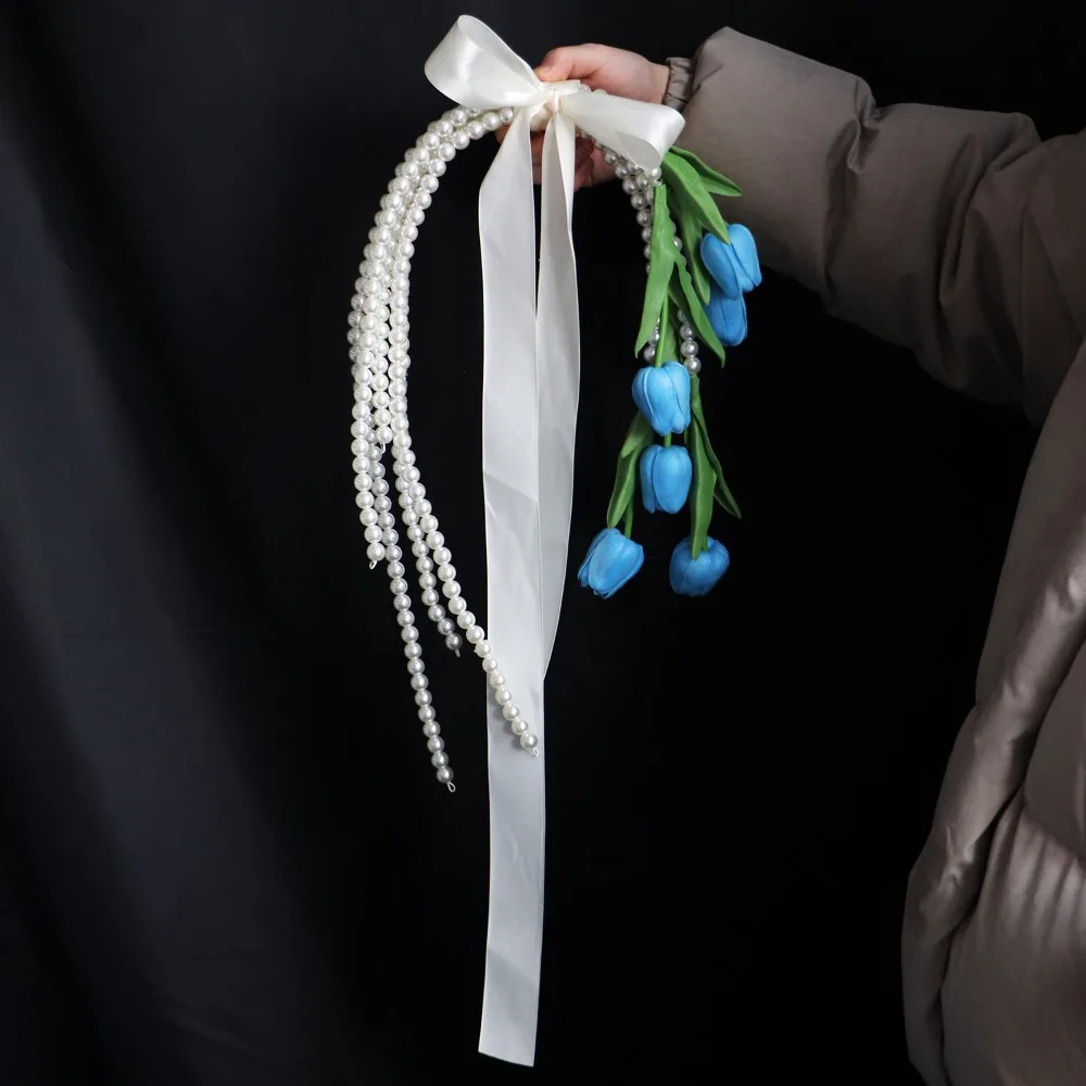Pearl Chain Waterfall Style Tulip Bridal Bouquet Reusable Comfortable Handle Photography Prop Multifunctional Usage