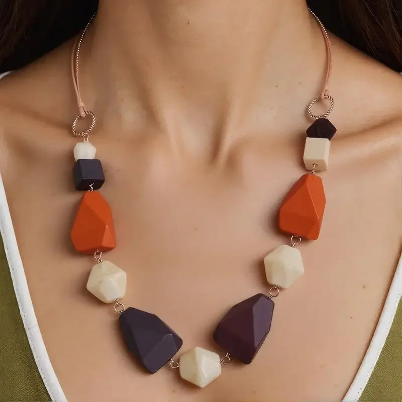 متعدد الألوان غير النظامية هندسية الخشب الخرز المعلقات القلائد للنساء خمر بيان الرقبة الديكور #2