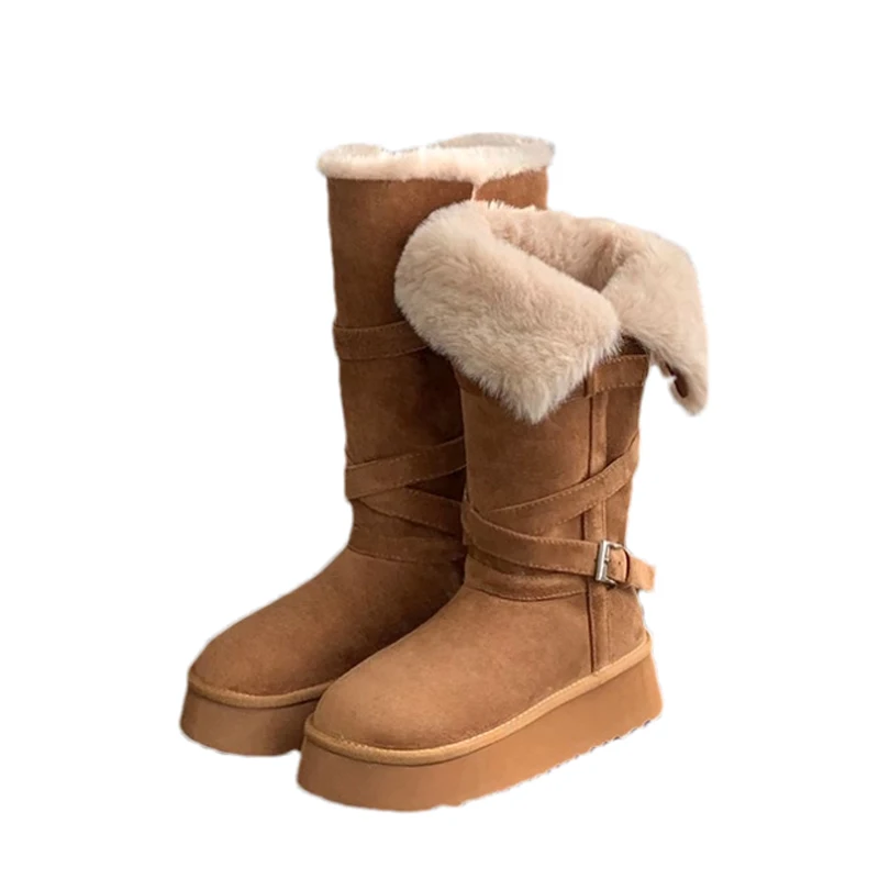 النساء الفراء منتصف العجل الأحذية أحذية منصة مسطحة أفخم حذاء الثلج عالي الرقبة دافئ 2025 الشتاء الاتجاه أحذية رياضية أحذية تشيلسي عادية De Mujer
