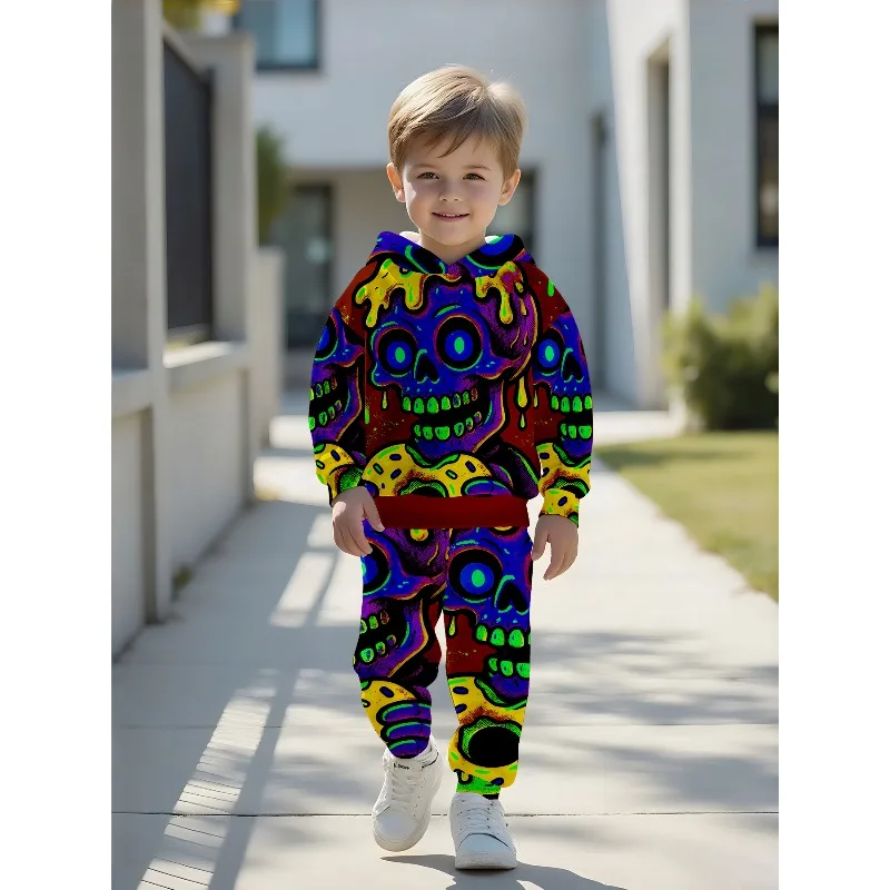 Boys Hoodie Jogger Set: Dripping Neon Skull, Ice Cream Skull, Graffiti Monster Allover Print Kids Casual Tracksuit