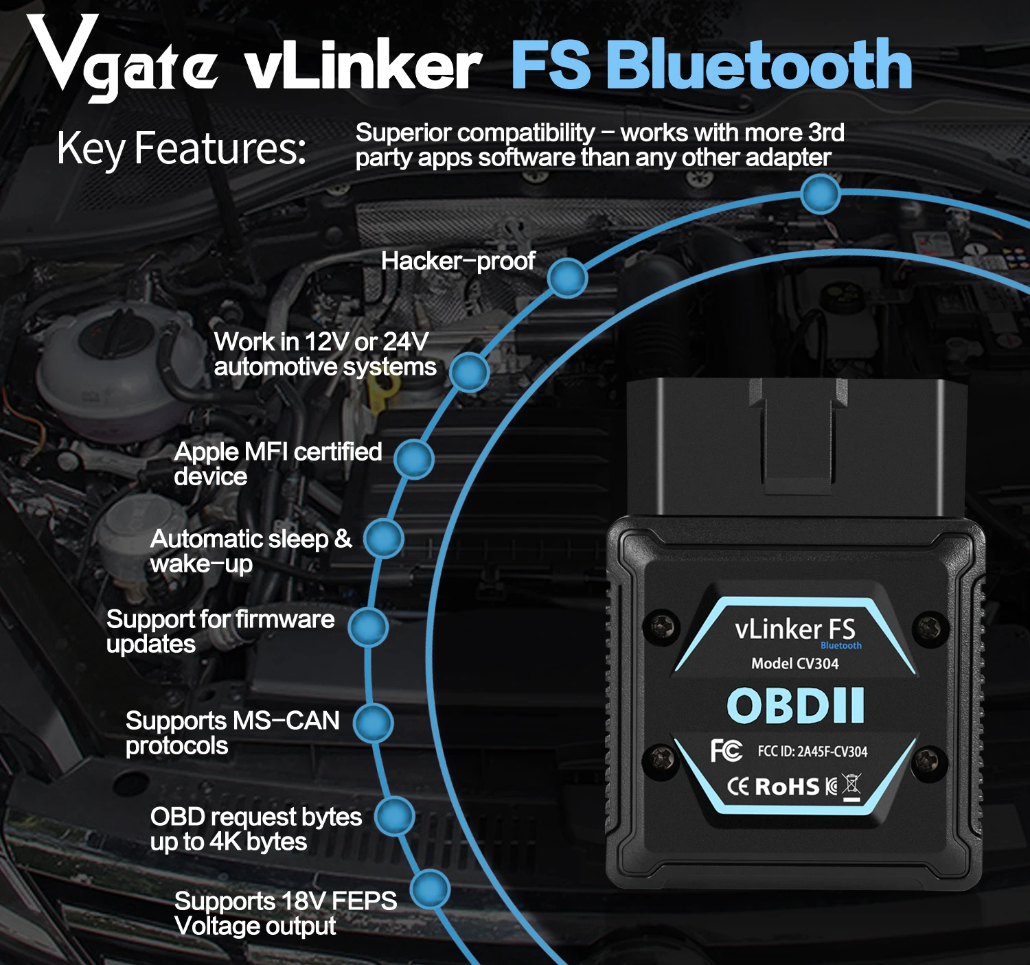 Vgate vLinker FS Obd2 بلوتوث لنظام أندرويد/IOS لسيارة Ford FORScan HS MS CAN ELM 327 Obd 2 أدوات الماسح الضوئي التشخيصي للسيارة