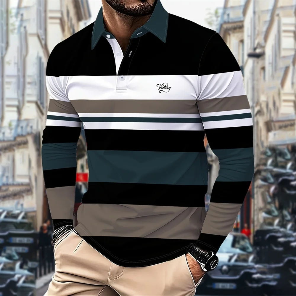 

2026 Fashion Men's Stripes Long Sleeve Polo Shirt Breathable Business Casual Top Slim Fit Quick Dry Classic Collar Multi Colors