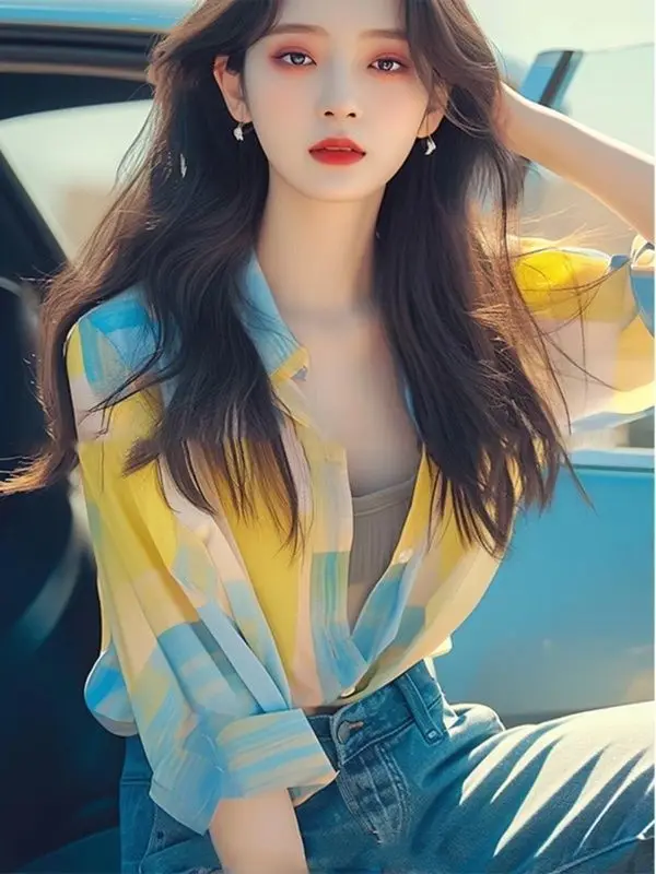 Il top unico ed elegante sembra una fantastica camicia gialla con protezione solare, nuovo stile estivo da donna