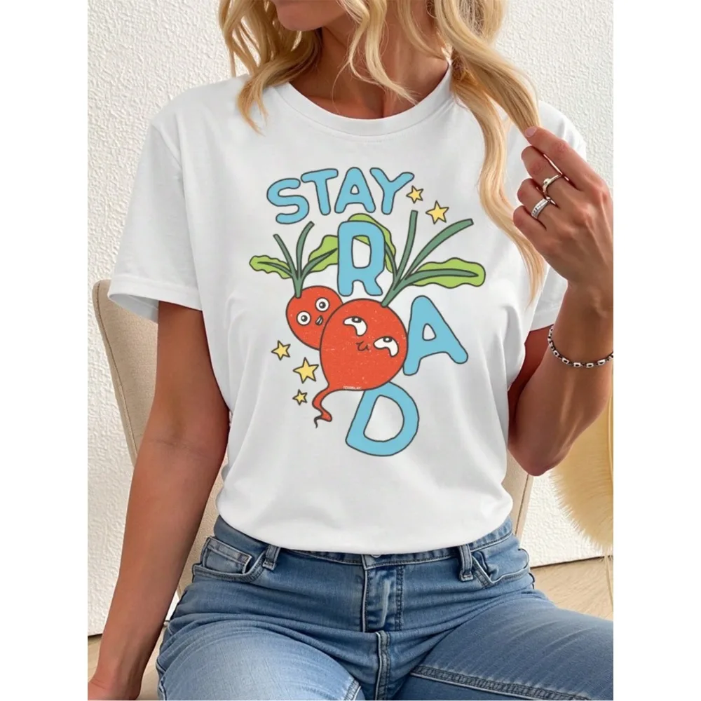 

Wo Funny Stay Rad T-Shirt - Cute Radish & Stars Print Soft Lightweight Crewneck Tee, Relaxed Fit Short Sleeve Top with Suitable