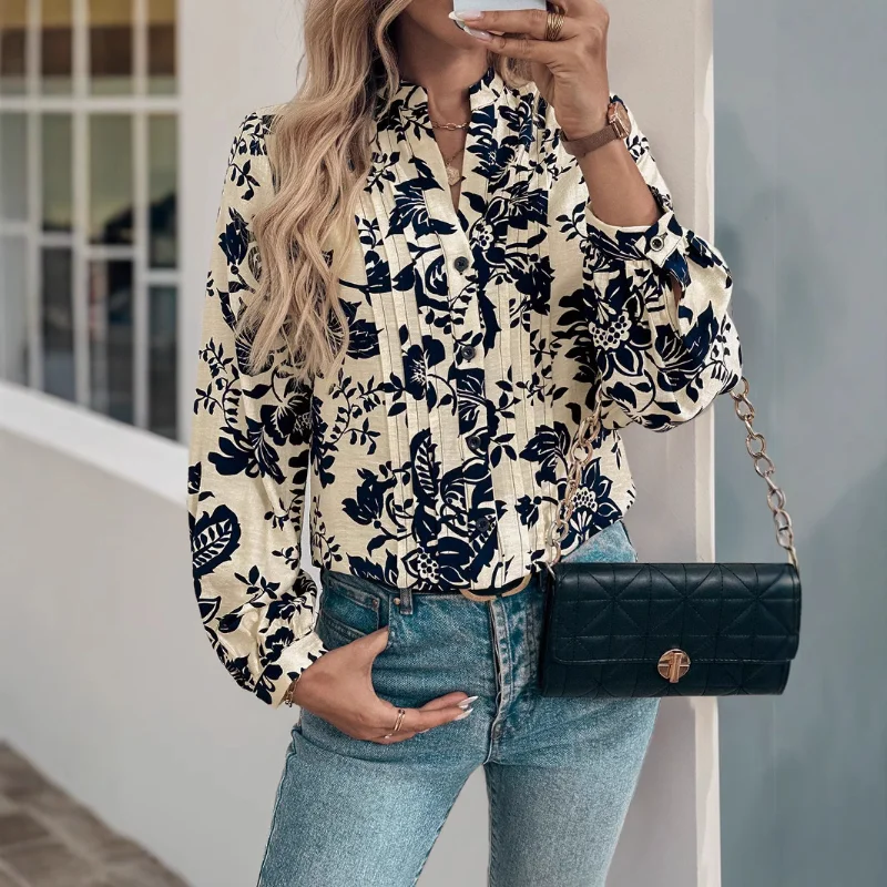

New Autumn Retro Printed Small Stand-up Collar Top for Women's Temperament Elegant Long-sleeved Pleated Shirt