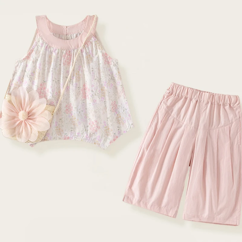 

2025 New Summer Girls' Stylish Pink Floral Sleeveless Vest Top and Solid Color Pants Two-piece Set