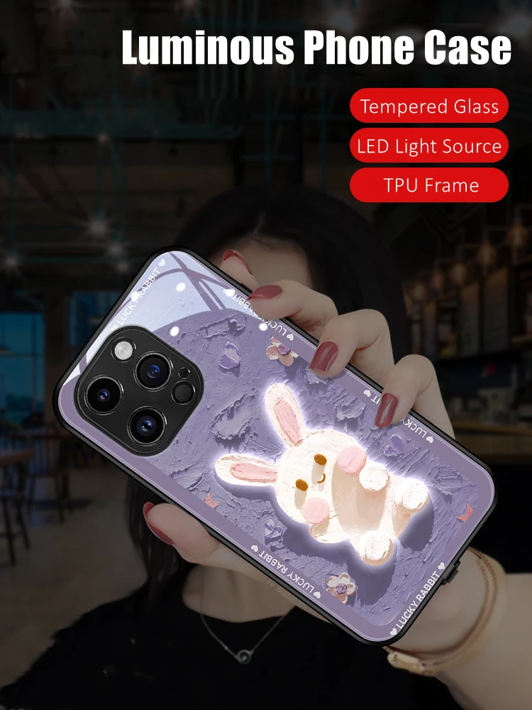 

Cute Paint Bunny LED Light Glowing Luminous Tempered Glass Phone Case for Samsung S24 S22 S23 Note 10 20 A14 A53 A73 Plus Ultra