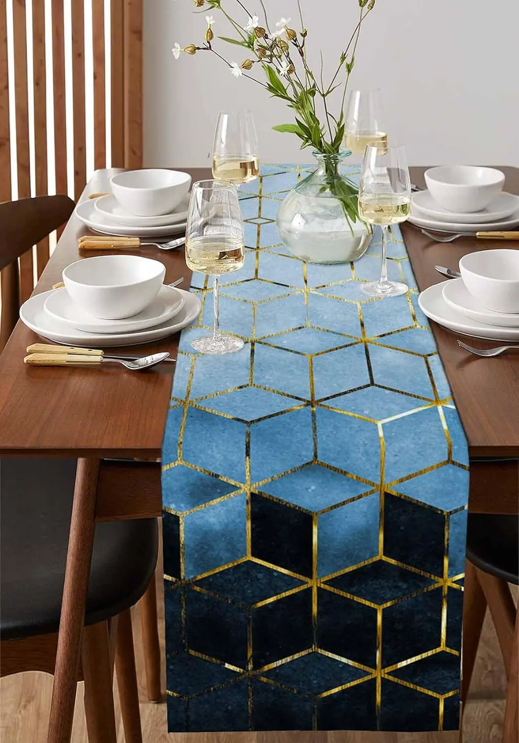 Marble Blue Linen Table Runners Modern Abstract Geometric Black Gold Table Runner Dresser Scarf Kitchen Party Dining Table Decor